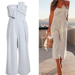 Chelsea28 Twist Front Seersucker Strapless Jumpsuit with Pockets